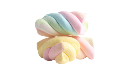 Close-up of colorful twisted marshmallows.  Soft, fluffy, rainbow-hued swirls of confectionery
