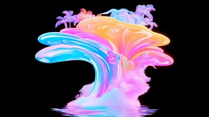 Abstract island displays vibrant colors and stylized palm trees against a stark black background.