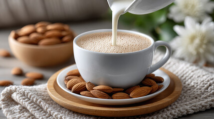 almond milk being poured into morning coffee cup, cozy home atmosphere, copy space