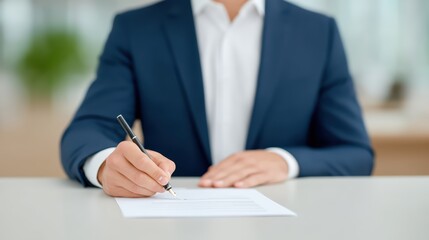 Business Professional Signs Important Document in Modern Office Setting with Sharp Focus and Clear Background
