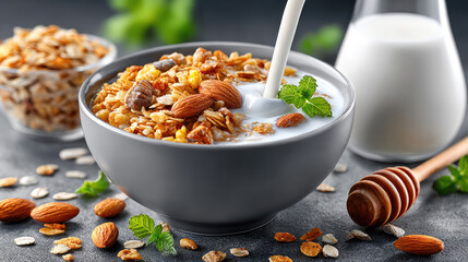 wooden bowl filled with oatmeal, nuts, chocolate chips and almond milk with splashes, healthy breakfast concept
