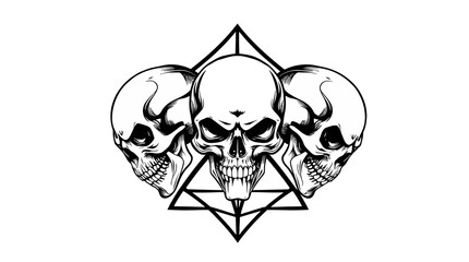 Three detailed skulls arranged in a symmetrical design, enclosed within a geometric triangle.