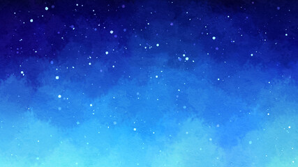 青色のグラデーションの水彩背景　夜空　雪