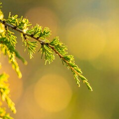 Close-up of a branch with green needles against a blurred golden background