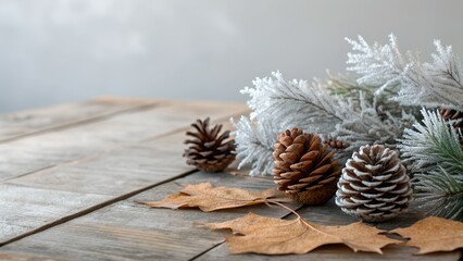 Pinecones and Frosted Evergreen Branch on Weathered Wood Table with Neutral Gray Background