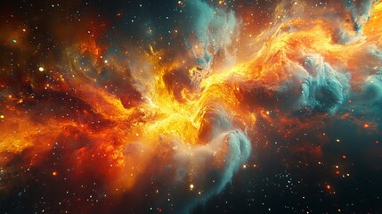 Abstract nebula showcases vibrant orange and yellow hues merging into darker space with scattered stardust.