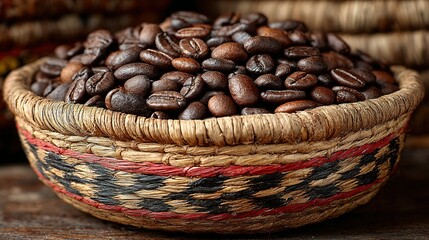 Coffee beans fill a small woven basket on a wooden surface.