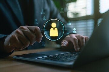 Businessman analyzing candidate profile under magnifying glass,concept of recruitment,employee selection,human resources management,digital hiring,career search,talent acquisition strategy