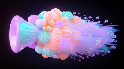 Abstract trumpet-like object emits pastel spheres and fibers against a dark background, showcasing a vibrant and surreal scene.