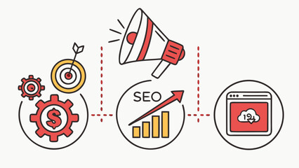 Fototapeta premium Illustration showing seo optimization process with megaphone, target and cloud data transfer
