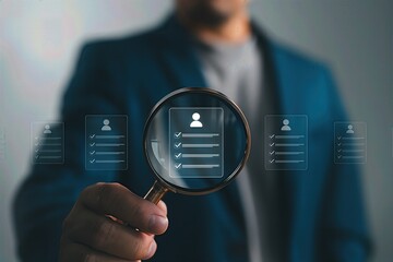 Recruitment manager analyzing digital resumes under magnifying glass,employee selection process,human resource management,career evaluation,talent search and candidate review