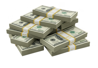 Thick stacks of us currency bills many hundred dollar bundles abundant wealth transparent background