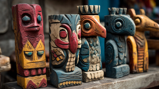 Colorful hand-carved wooden totems with tribal animal motifs on display, representing indigenous art, spiritual symbolism, and cultural heritage
