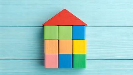 Colorful Wooden Block House on Light Blue Wooden Plank Surface Flat Lay
