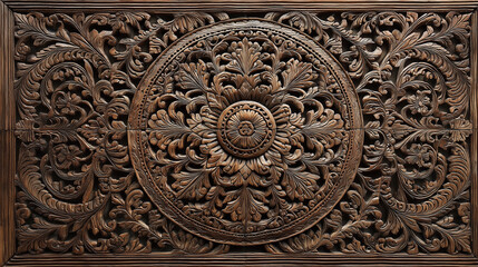Obraz premium Ornate circular floral wood carving with symmetrical traditional patterns, representing fine craftsmanship and cultural decorative artistry 