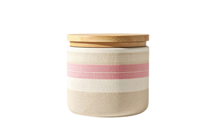 A cylindrical storage jar with a wooden lid and pink and beige stripes