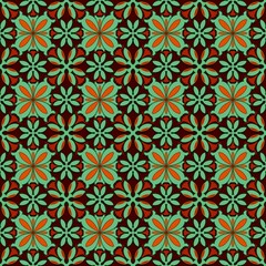 Fototapeta premium seamless pattern with flowers,green, orange curves,painted create to flower shape,leaves with brown background in geometric patterns as sarong,fabric,tile,printed fabric,batik,tablecloth patterns.