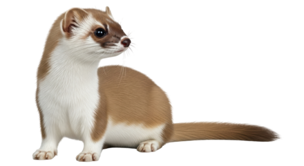 Isolated Least Weasel, ermine with brown fur and white chest, standing still and looking away