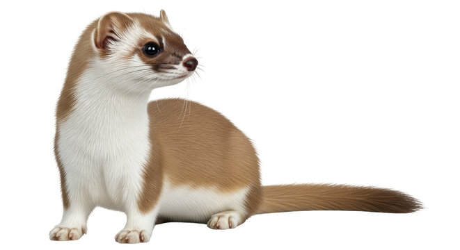 Isolated Least Weasel, ermine with brown fur and white chest, standing still and looking away