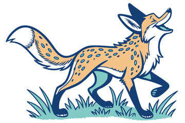 Walking Fox Cartoon with White Background and Blue Accents
