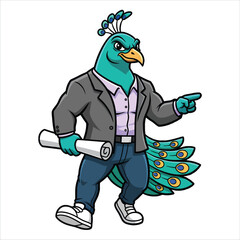 Cartoon peacock in business attire pointing and holding a rolled-up document on a white background