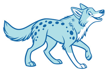 Walking Cartoon Wolf with Blue Spots on a White Background