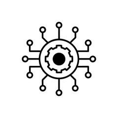 Central gear with connected nodes outline on transparent background silhouette