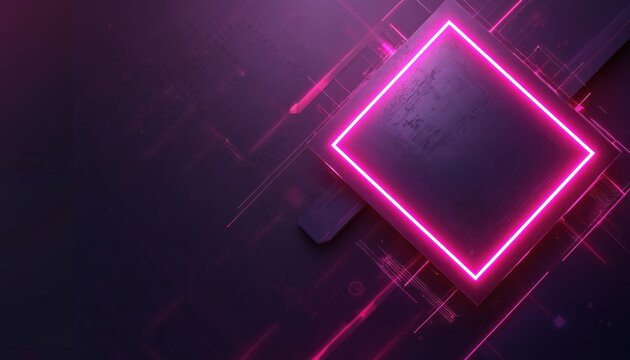Abstract tech background with glowing neon square on dark purple surface. Futuristic design, modern digital art with geometric shapes and lines. Suitable for web design or social media. - Powered by Adobe