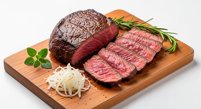 High-Angle View of Sliced Roasted top round or topside Beef as known as cox&atilde;o mole with Rosemary, Oregano, and Shredded Onion on a Wooden Cutting Board

