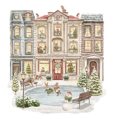 Vintage cartoon composition with several Christmas houses, ice rink and animals characters in clothes isolated on white background. Watercolor and pencil hand drawn illustration sketch