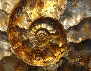 Golden Ammonite Fossil Close-up Detail.