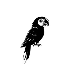 Black silhouette vector of a parrot perched on a branch, isolated on white background. Perfect for logo, tattoo design, wildlife symbol, or exotic bird illustration