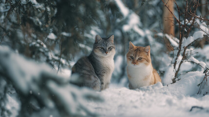 Two cats sitting in the snow