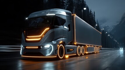 Obraz premium Futuristic truck with glowing lights driving on a dark highway at night surrounded by scenic mountains and trees