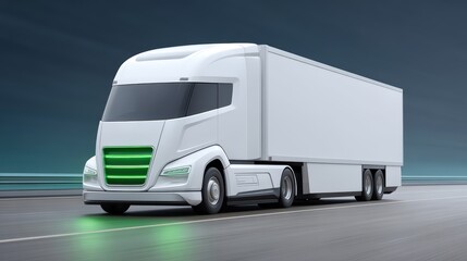 Futuristic Electric Truck on Highway with Green Accents and Streamlined Design for Sustainable Transportation Solutions