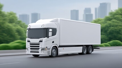 Sleek white delivery truck driving on urban road with modern buildings in background, showcasing transport and logistics concept