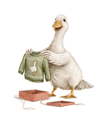 Christmas vintage cartoon cute bird white goose duck with gift box holds knitted sweater and smile isolated on white background. Watercolor and pencil hand drawn illustration sketch