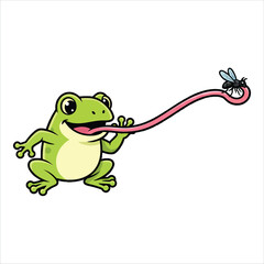 Cartoon frog with an extended tongue catching a fly on a white background