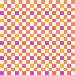 Hypnotic geometric background with checkerboard inspired design. Squares in retro colors, creating a bold optical illusion effect, groovy funky psychedelic design.