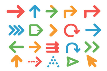 Colorful arrows vector icon set. Big collection of modern simple arrow symbols for direction, navigation, and web design. Cursor, reload, and infographic elements included.
