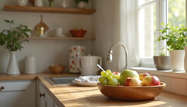 Wooden bowl with fresh fruit on kitchen counter. Green apples red apples and grapes are visible. Interior design photo with sunlight. Healthy eating diet. - Powered by Adobe