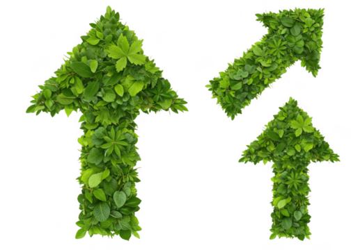 Three distinct green leaf arrows showing upward growth and directional progress transparent background