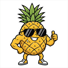 Cartoon illustration of a muscular pineapple wearing sunglasses and giving a thumbs-up on a white background.