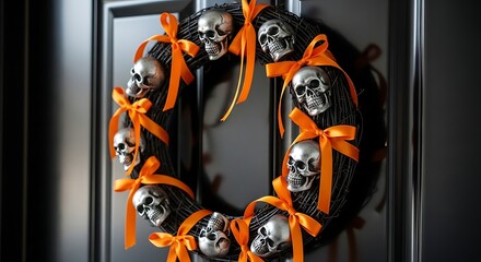 A halloween wreath with silver skulls and orange ribbons hanging on a black paneled door