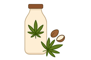 Hemp milk in glass bottle with cannabis leaf. Vegan plant-based, non-dairy drink. Healthy organic beverage with hemp seeds. Alternative lactose-free milk vector illustration.