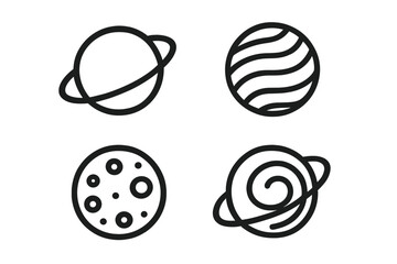 Planet icon set. Collection of simple line art symbols for space, astronomy, and cosmos exploration. Includes Saturn, Jupiter, moon, and galaxy icons. Minimalist vector.