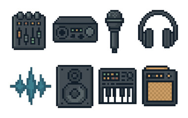 Retro pixel art audio equipment icons: mixer, microphone, headphones, speaker, synthesizer