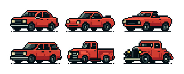 Naklejka premium Six pixel art red cars on yellow background: classic and modern styles displayed