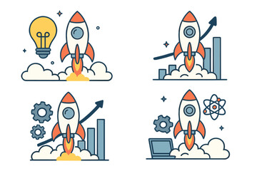 Startup business concept collection. Rocket launch metaphor for successful project start. Innovation strategy, boost technology idea. Spaceship growth chart. Vector illustration set.