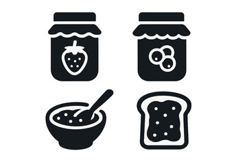 Jam and breakfast food vector icon set. Flat glyph collection including strawberry jam jar, berry preserve, toast with spread, and a bowl of oatmeal. Healthy eating symbols.